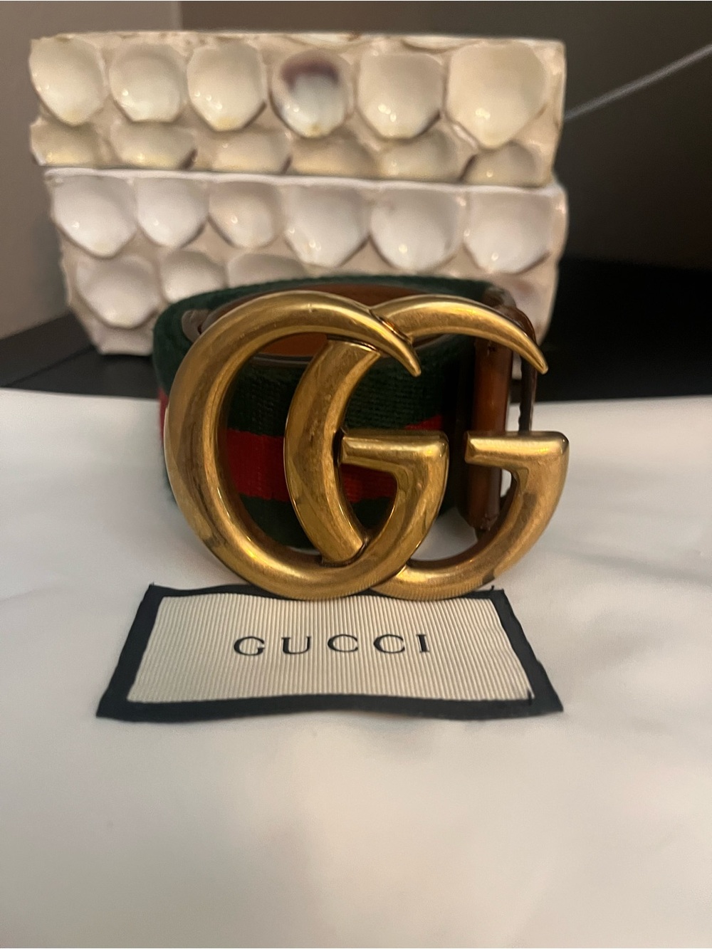 Gucci Green and Red Web Belt with Gold Double G Buckle